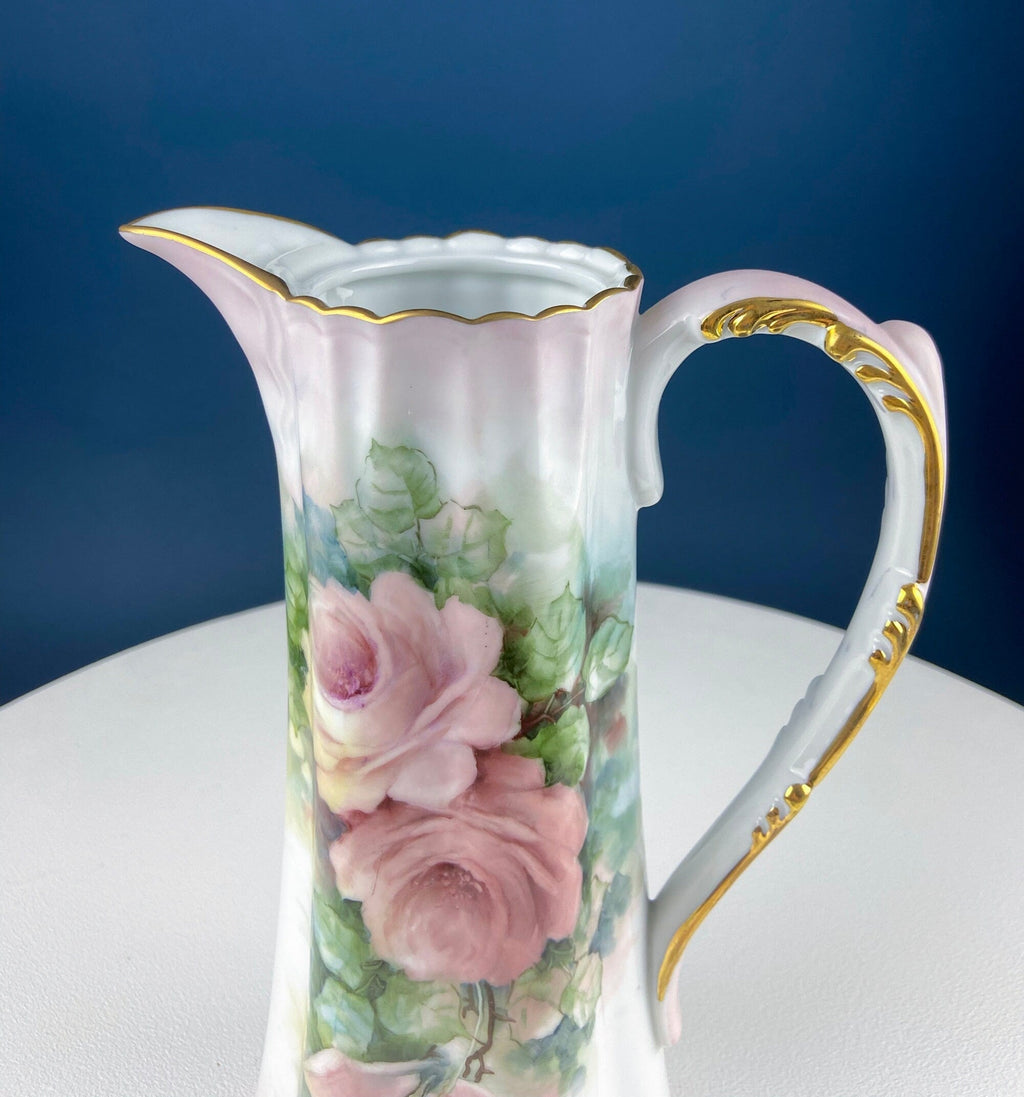 Tall, 11-Inch Antique Hand Painted Hot Chocolate Pot. Stunning Peach Color Roses. Collectible Fine Bone China. Bohemian Chic.