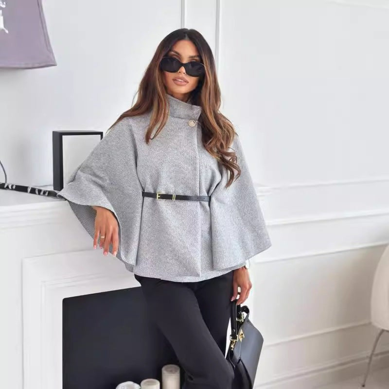 New Stand Collar Batwing Sleeves Cloak Top With Belt Ins Fashion Temperament Jacket Woolen Sweater Outwear Women's Clothing
