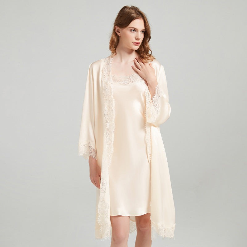 19 Momme Lace-Trim 100% Mulberry Silk Robe & Camisole Set – Women's Sleepwear Loungewear