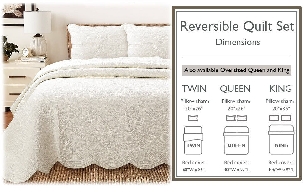 Serenity Ivory Victorian Scalloped Medallion Floral Pure Solid Cotton Reversible Quilt Bedding Set