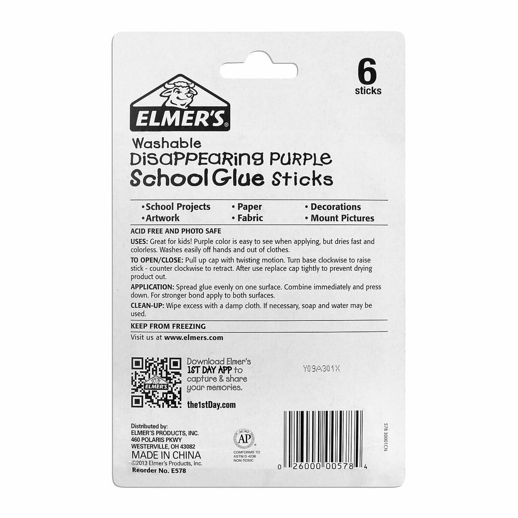 Elmer's Washable Disappearing Purple School Glue 6 Giant Sticks Pack