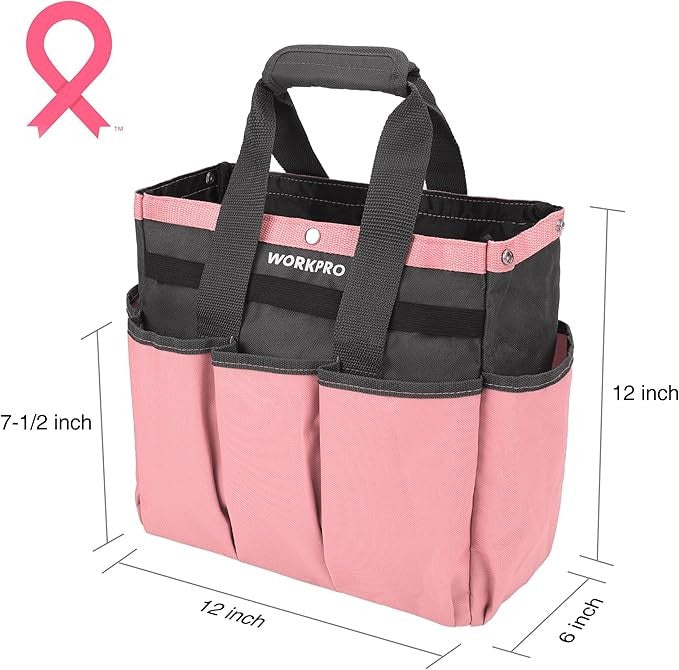 WORKPRO Garden Bag, Garden Tool Tote Storage Bag with 8 Pockets, Home Organizer for Outdoor Gardening Caddy, Garden Tool Kit Holder (Tools NOT Included), Pink Ribbon, Garden Gifts