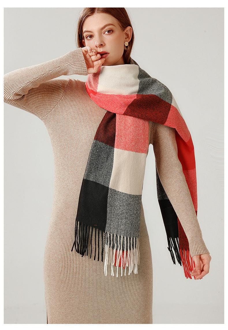 Luxury Fashion Autumn Winter Soft Warm Scarf Plaid Colorful Hijabs Cashmere Scarves Warm Soft Bandana Women's Lightweight Scarves Elegant Echarpe Escharpe Soft Wool Elegant Tassel Women's