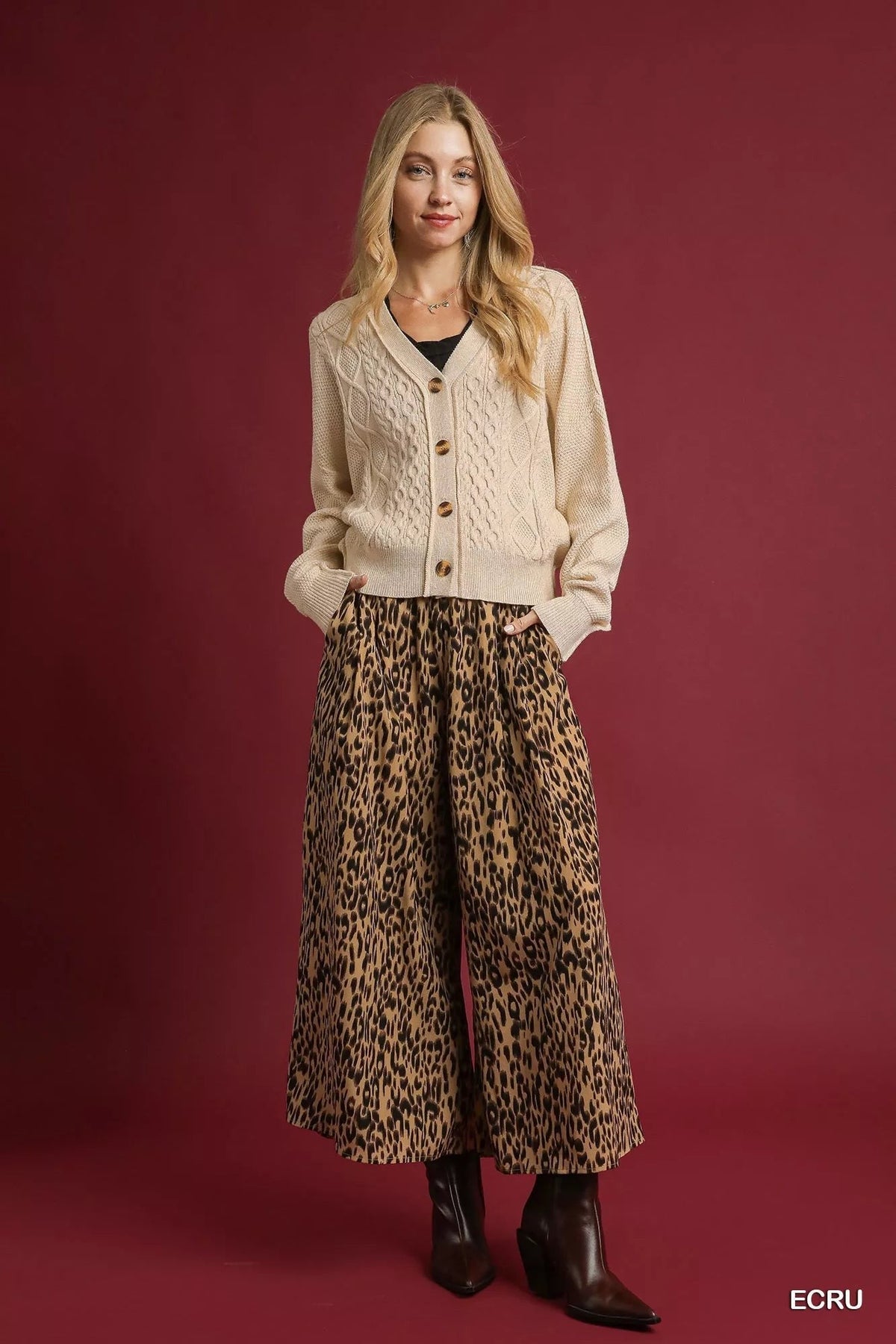 Umgee Chunky Cable Knit V-Neck Button-Up Cardigan
