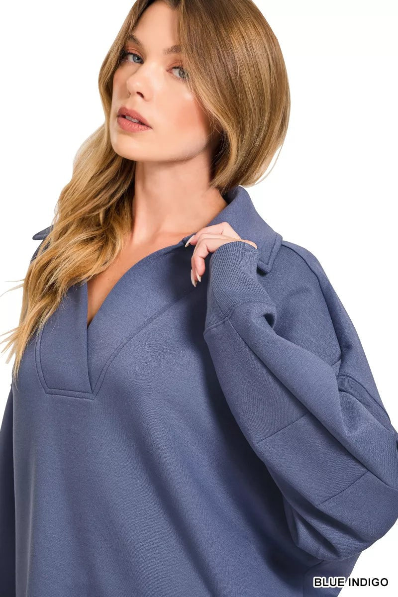 Zenana Scuba Collared Pullover & Center Seam Pants Set