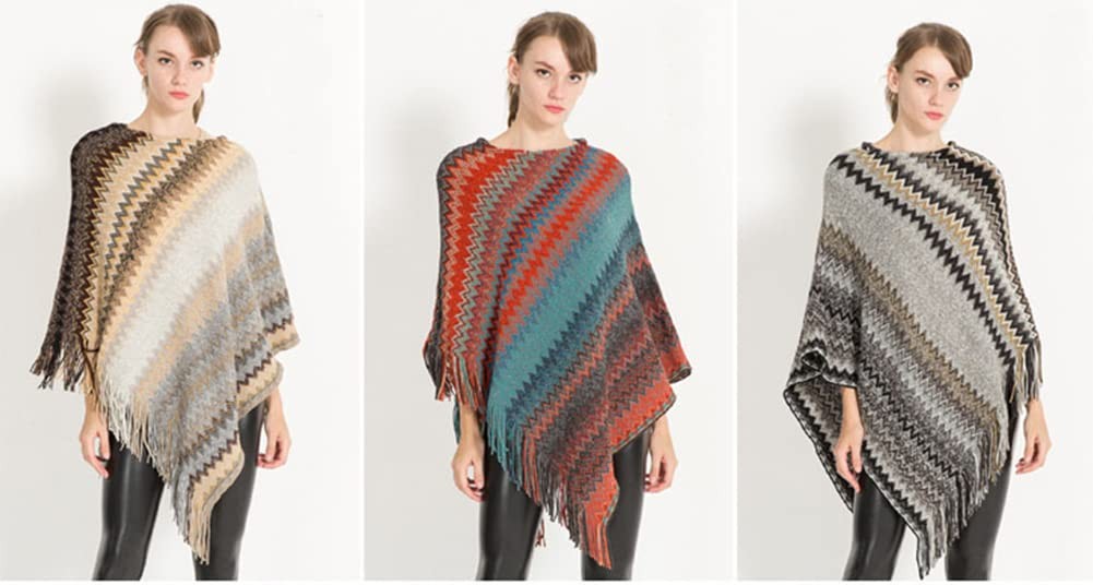 stylesilove Women Autumn Winter Knitted Zig-Zag Pullover Fringe Poncho Sweater Chevron Wrap Cape Lightweight Shawl