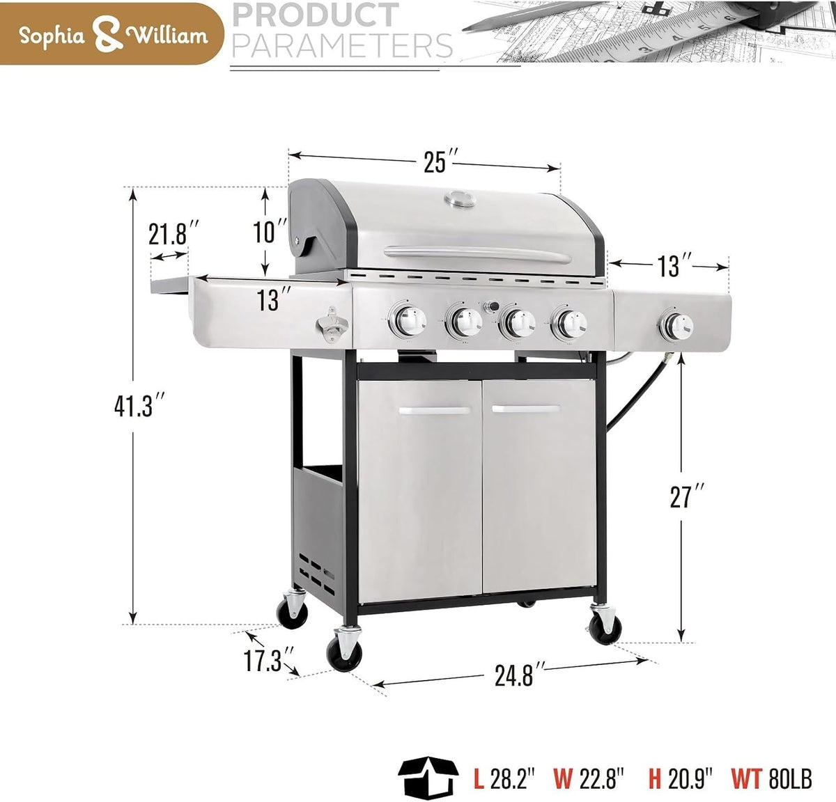 Sophia & William 4-Burner Propane Gas BBQ Grill with Side Burner and Porcelain-Enameled Cast Iron Grates, Stainless Steel Barbecue Grills Outdoor Cooking, Silver Cabinet Style, 42,000BTU