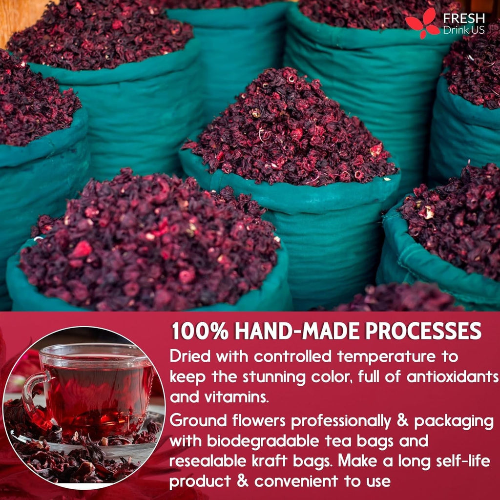 Hibiscus Dried Flowers, Tea Bags, 100% Natural, Pure from Hibiscus Flowers. Loose Flower Hibiscus Herbal Tea. Hibiscus Flower Tea. No Sugar, No Caffeine, No Gluten, Vegan.