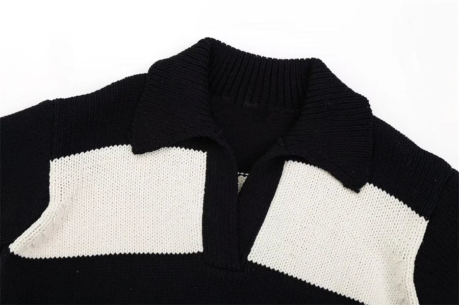 Women Fashion Black Striped Knit Sweater Spring Vintage Polo Neck Long Sleeve Female Pullovers Chic Tops