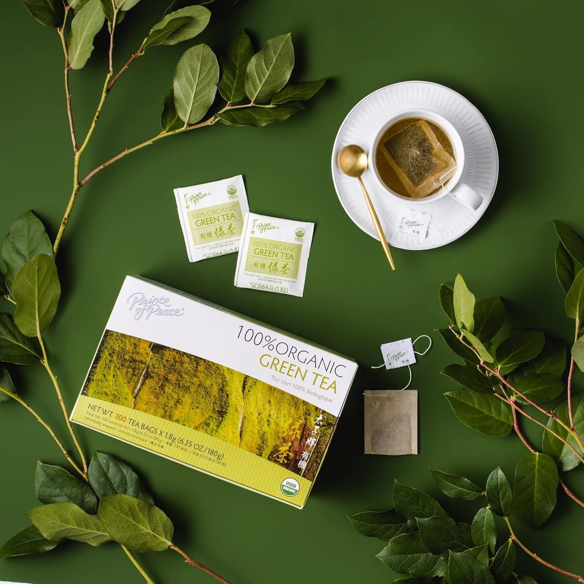 Prince of Peace Organic Green Tea, 100 ct – Low-Caffeine Herbal Companion for Bath Time Relaxation and Self-Care Sundays