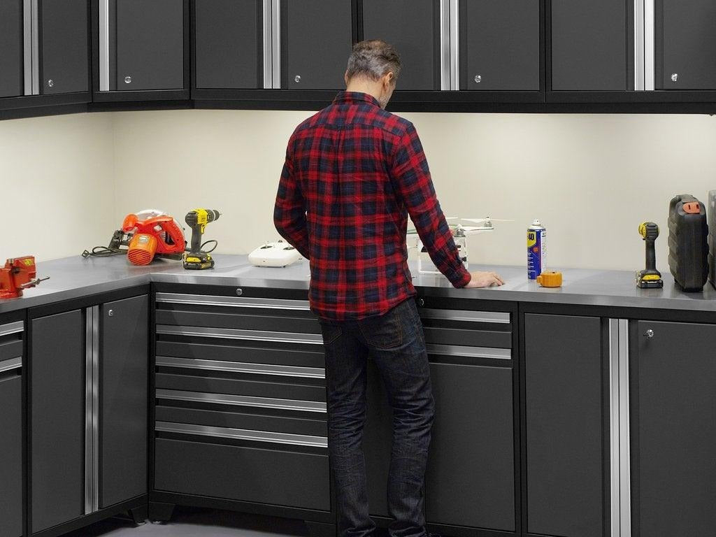 NewAge | Pro Series 7 Piece Cabinet Set with Base, Wall, Tool Drawer Cabinet, Lockers and 56 in. Worktop