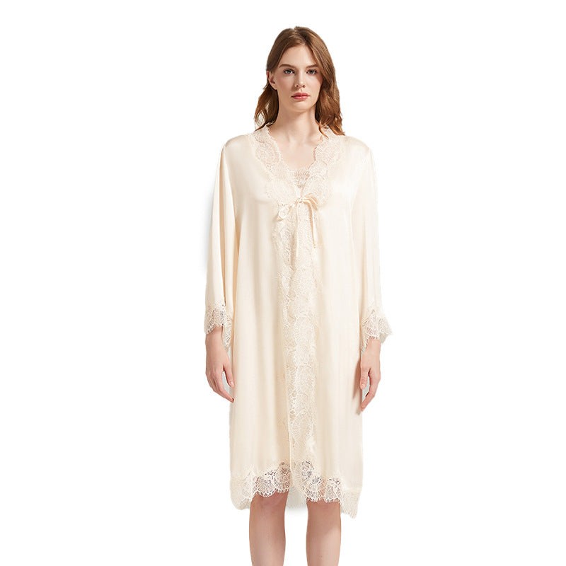 19 Momme Lace-Trim 100% Mulberry Silk Robe & Camisole Set – Women's Sleepwear Loungewear