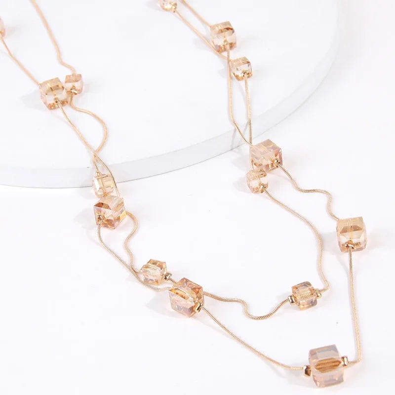 Gold Square Bead Sweater Chain Necklace | Double Layer Glass Pendant Jewelry Women's