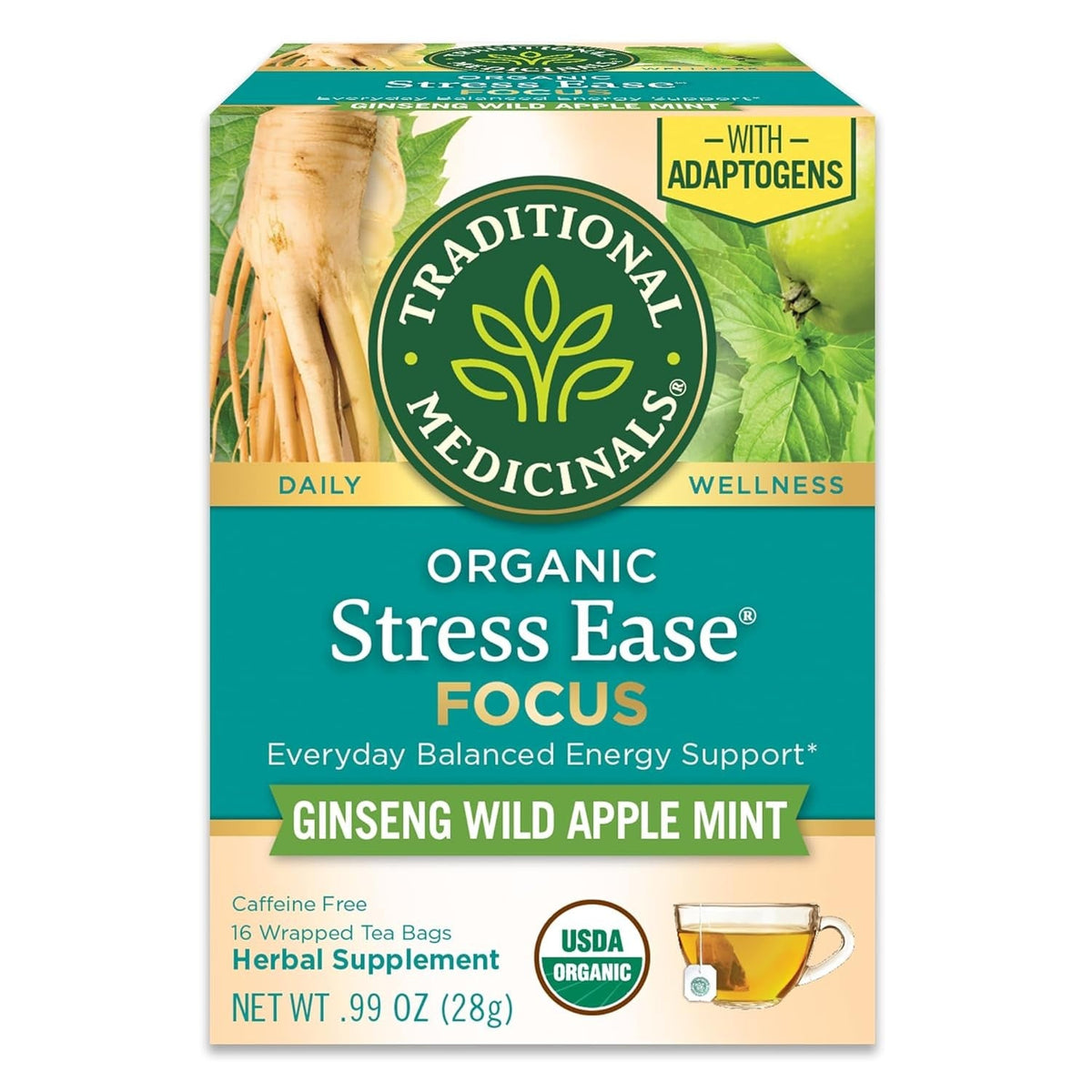 Traditional Medicinals Organic Focus Blend Tea – Ginseng and Eleuthero Adaptogens for Workday Energy Without the Crash, 16 Tea Bags