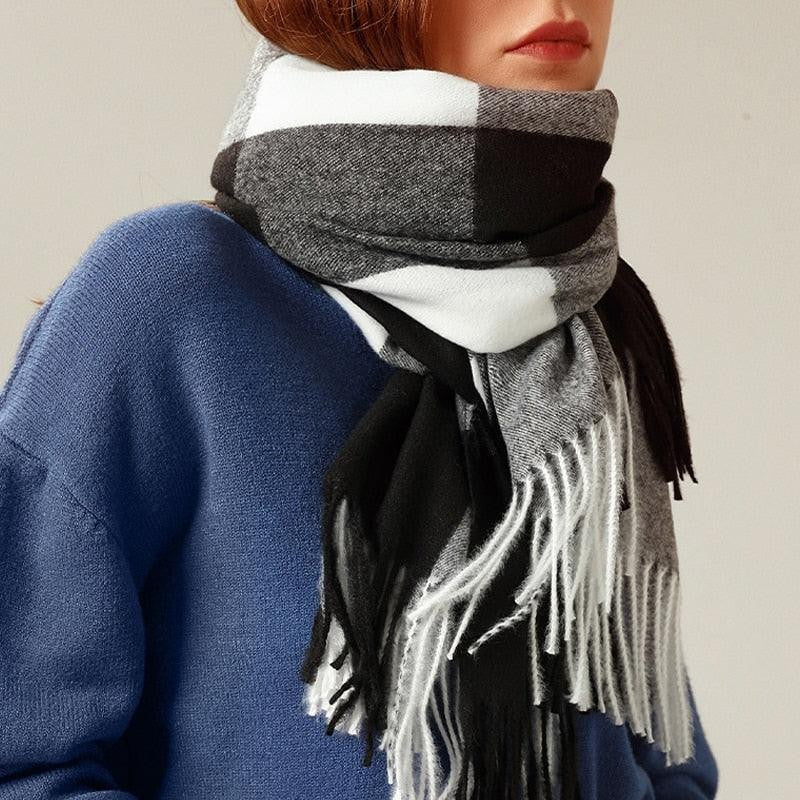 Luxury Fashion Autumn Winter Soft Warm Scarf Plaid Colorful Hijabs Cashmere Scarves Warm Soft Bandana Women's Lightweight Scarves Elegant Echarpe Escharpe Soft Wool Elegant Tassel Women's