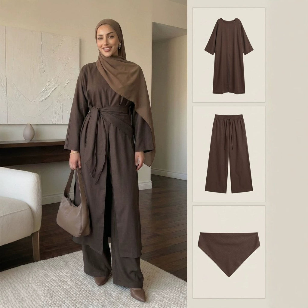 Long-Line Top, Wide-Leg Trousers & Triangle Scarf Three-Piece Co-ord Set(MS484)