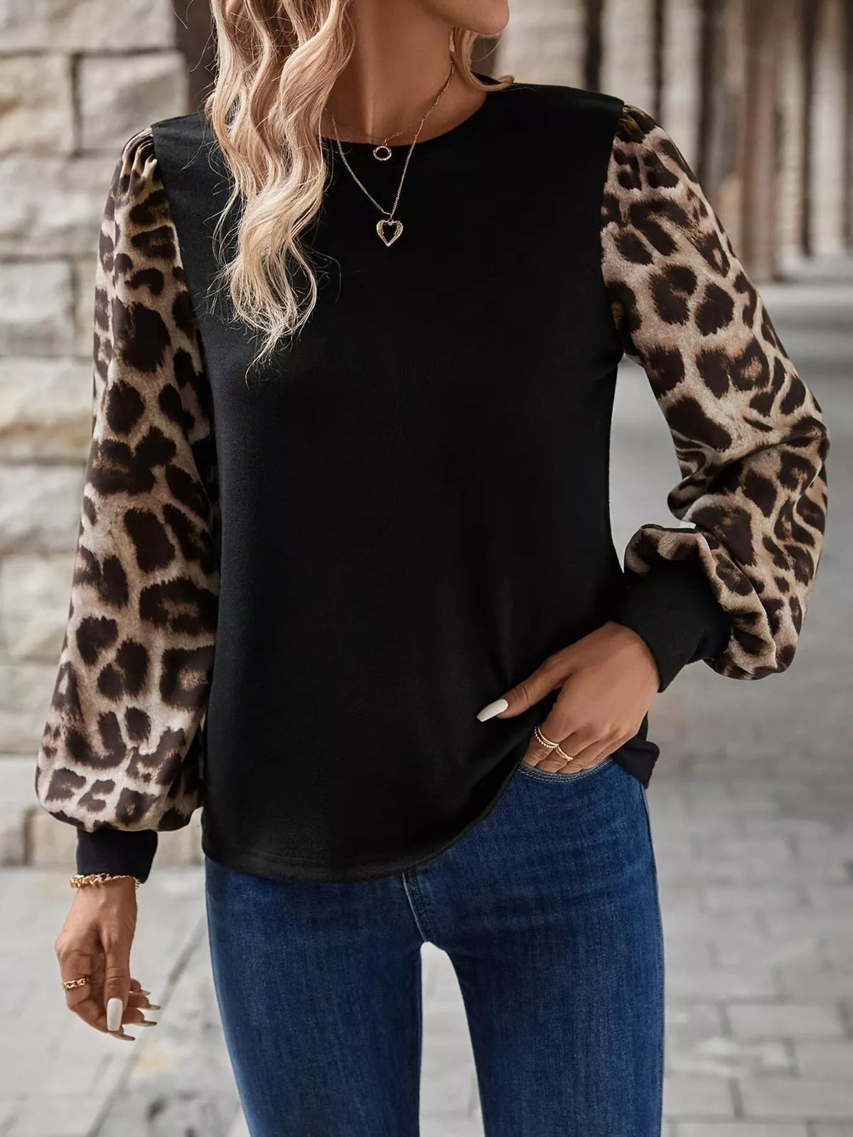 Leopard Long Sleeve Round Neck Tee