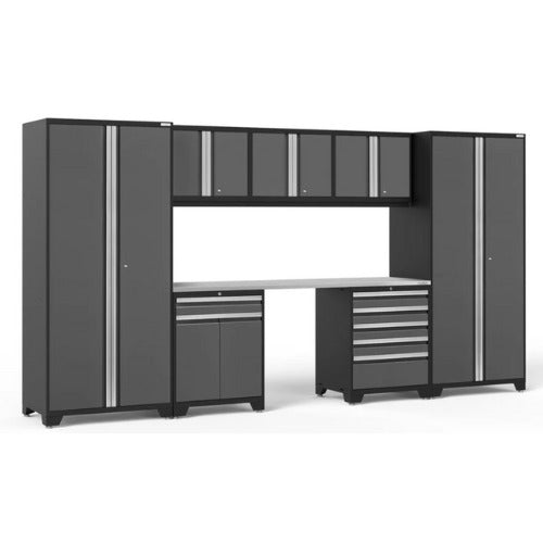 NewAge | Pro Series 8 Piece Cabinet Set with Wall, Tool Drawer, Multi-Function Cabinet, Lockers and 84 in. Worktop