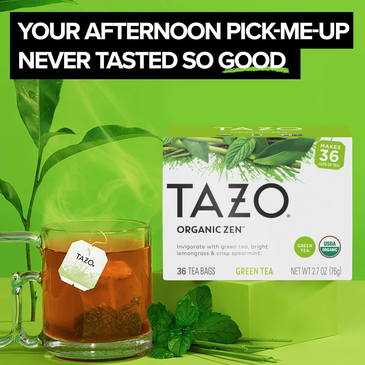 TAZO Organic Zen Green Tea — Spa-Inspired Lemongrass Spearmint Tea for Bath Time and Journaling Breaks