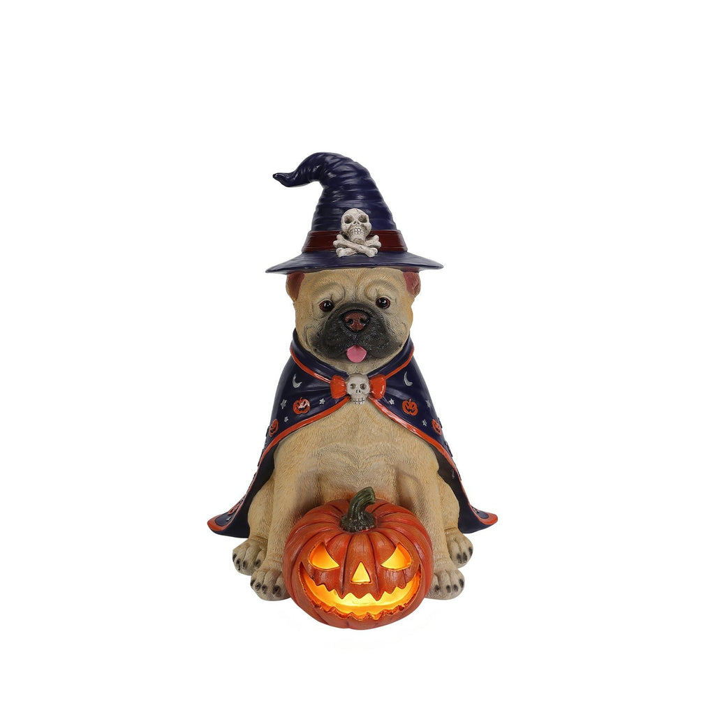 Halloween Bulldog Witch Statue with LED Light Up Jack-O-Lantern Pumpkin - Orange, Black, & Purple