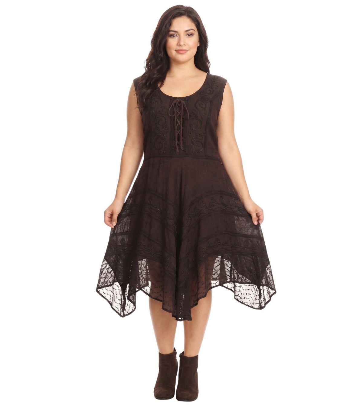 Sakkas Sundara Stonewashed Rayon Embroidered Mid Length Dress