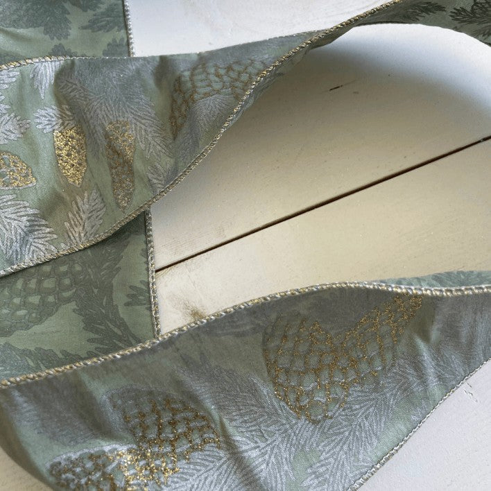 Wired Ribbon - Green with Gold & Silver Pinecones | 4" Width | 10 Yard Roll