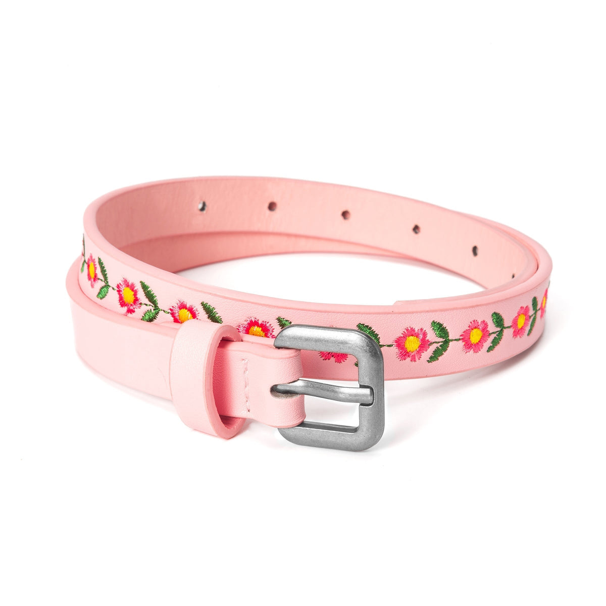 Kids Boho Leather Belt with Floral Embroidery Pattern for Girls 4-14 Years