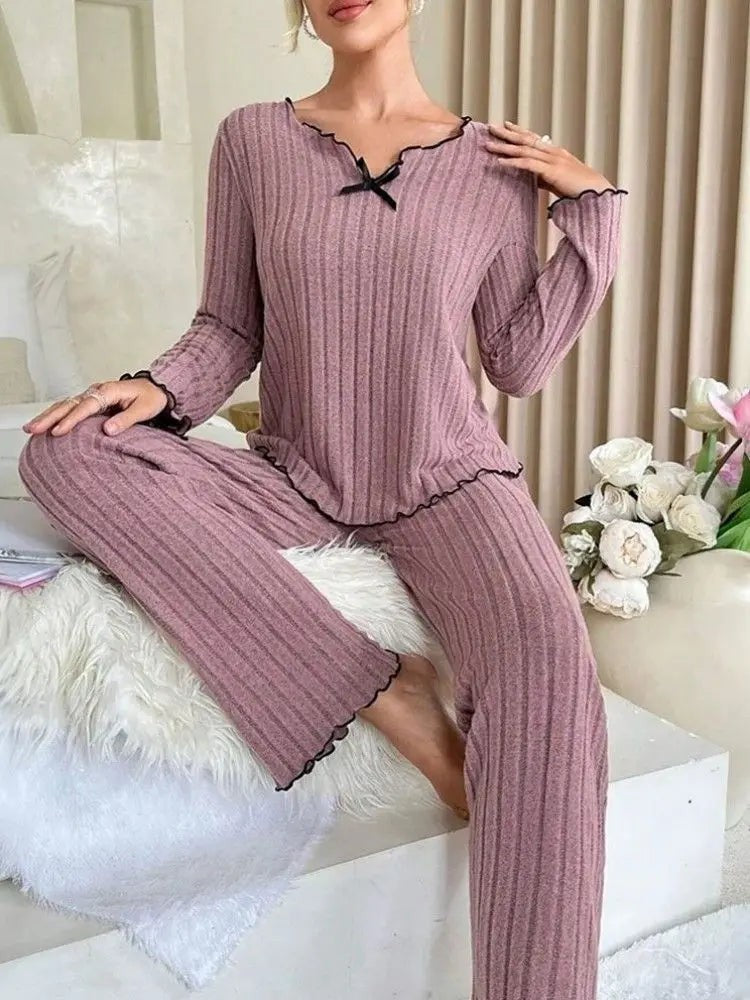Autumn Winter Warm Flannel Pajamas Set Women Sleepwear Long Sleeve Tee Top and Trousers Casual Homewear Loungewear