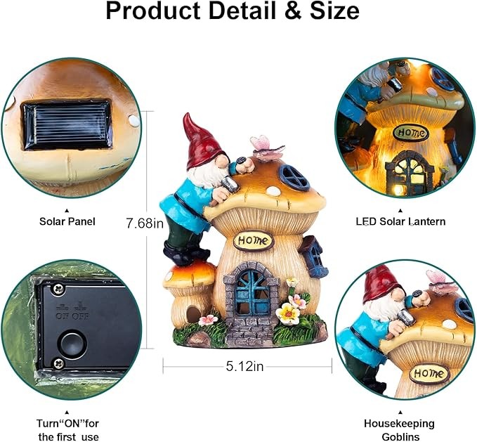Garden Gnome Statues Figurine Lights - Solar Powered Lighting Outdoor Decorations, Gnome Build Mushroom Fairy House, Yard Art Lawn Ornaments for Porch Patio Balcony - Gnome Gifts Women's Mom