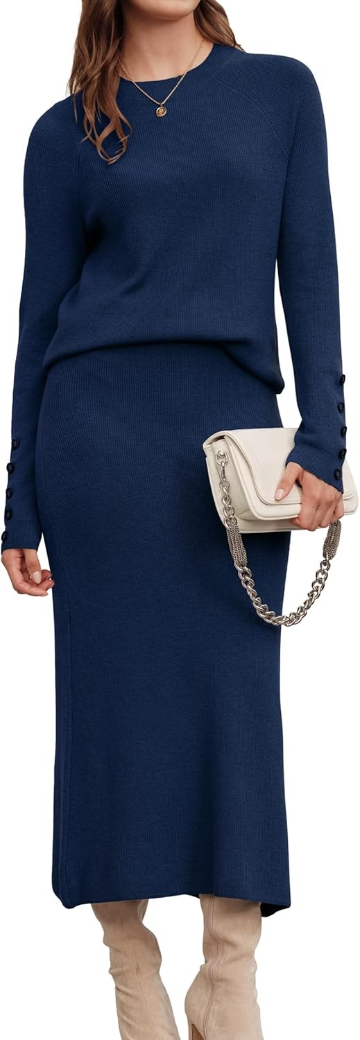Arach&Cloz Women's Wool Blend Sweater 2 Piece Sets Winter Business Long Sleeve Top Midi Skirts Outfits 2025