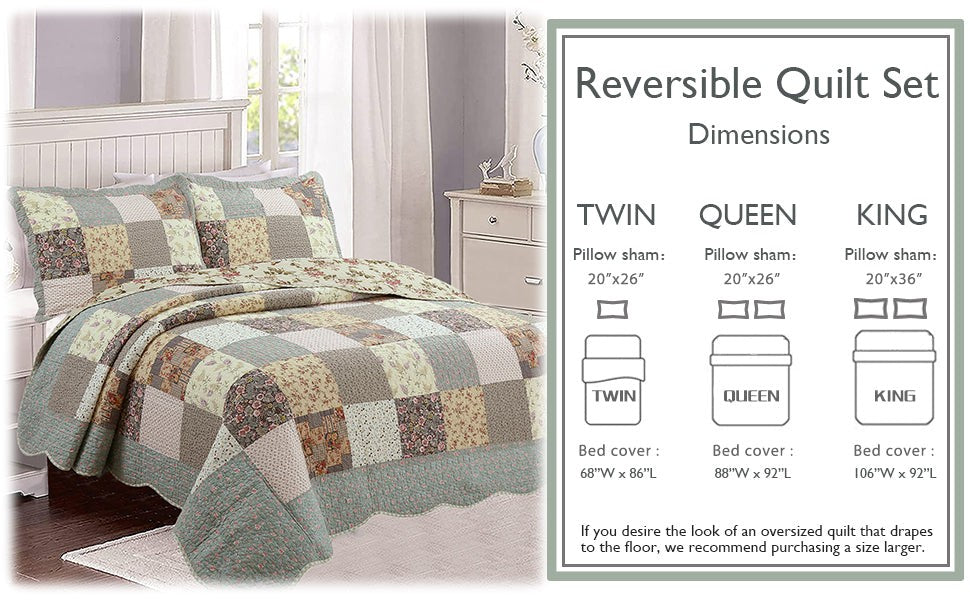 Country Floral Chic Scalloped Real Patchwork Cotton 3-Piece Quilt Bedding Set