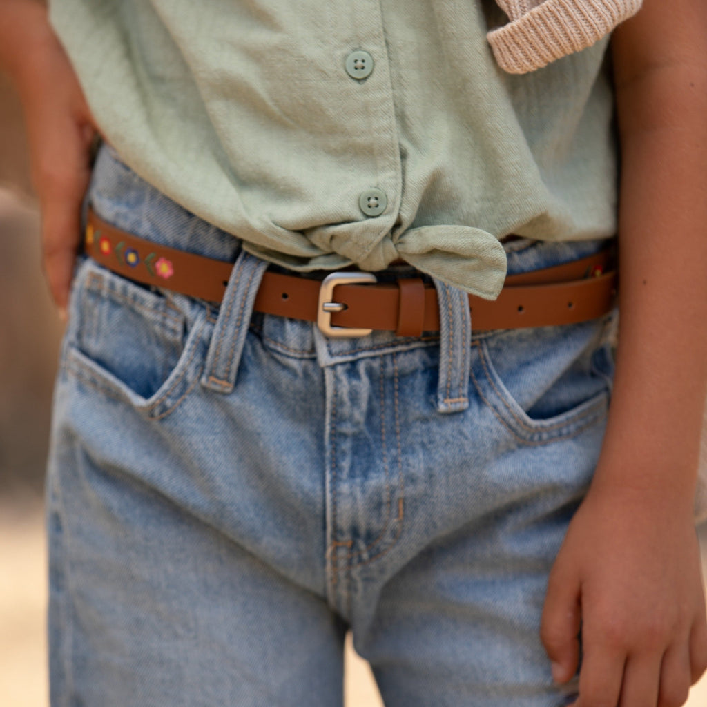Kids Boho Leather Belt with Floral Embroidery Pattern for Girls 4-14 Years