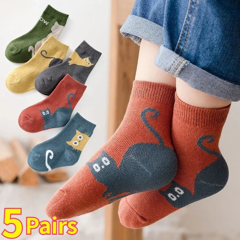 Kids Cartoon Cat Middle Tube Socks Autumn Winter Crew