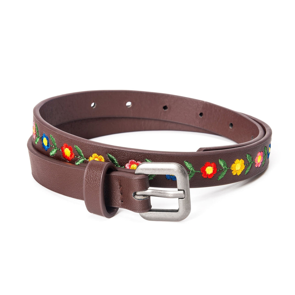 Kids Boho Leather Belt with Floral Embroidery Pattern for Girls 4-14 Years