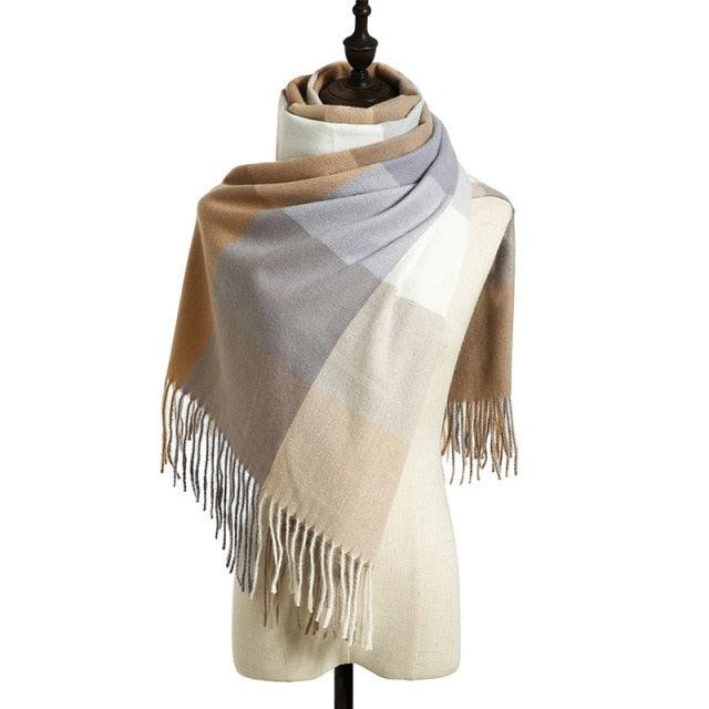 Luxury Fashion Autumn Winter Soft Warm Scarf Plaid Colorful Hijabs Cashmere Scarves Warm Soft Bandana Women's Lightweight Scarves Elegant Echarpe Escharpe Soft Wool Elegant Tassel Women's