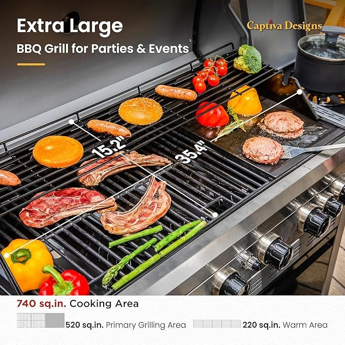 Captiva Designs 6-Burner Propane Gas BBQ Grill with Side Burner & Porcelain-Enameled Cast Iron Grate and Plate for Outdoor Barbucue Events, 52,000 BTU Output,740 SQ.IN. Cooking Area,Heavy Duty