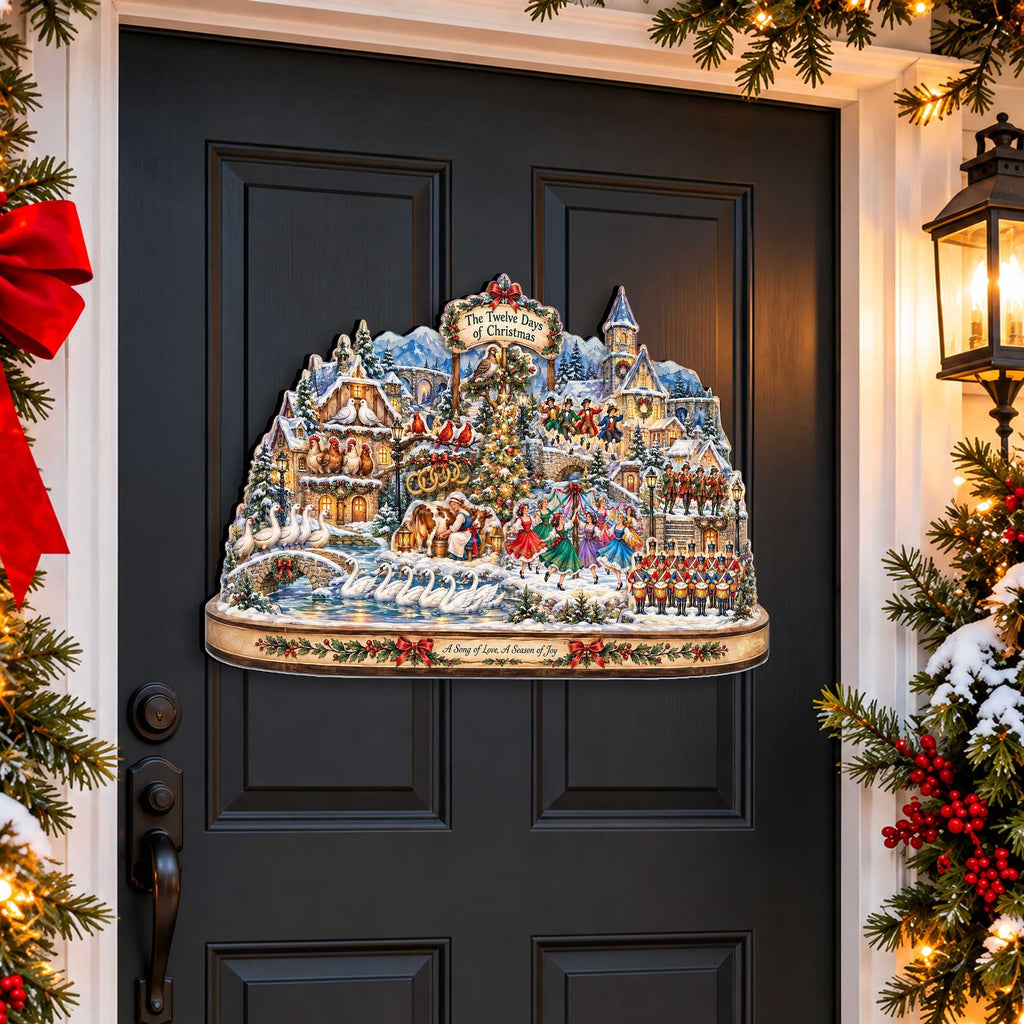 Twelve Days of Christmas Village Wooden Door Hanger – Holiday Wall Art by G. Debrekht - 8652911H