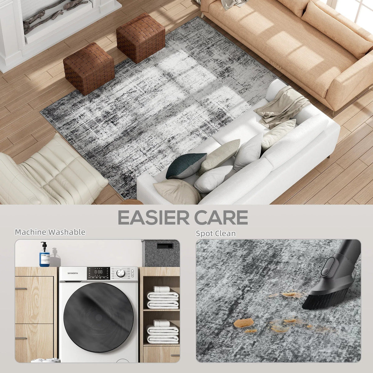 Grey Modern Abstract Area Rug 6x9 — Machine Washable, Non-Slip