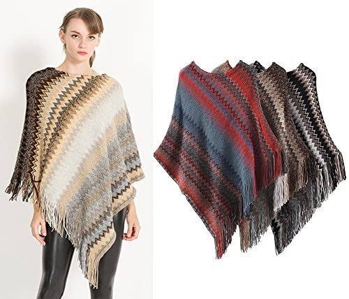 stylesilove Women Autumn Winter Knitted Zig-Zag Pullover Fringe Poncho Sweater Chevron Wrap Cape Lightweight Shawl