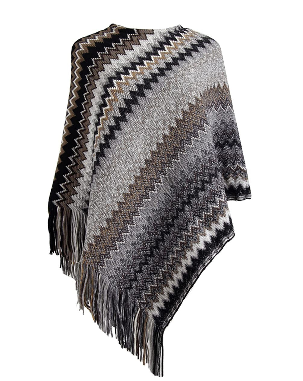 stylesilove Women Autumn Winter Knitted Zig-Zag Pullover Fringe Poncho Sweater Chevron Wrap Cape Lightweight Shawl