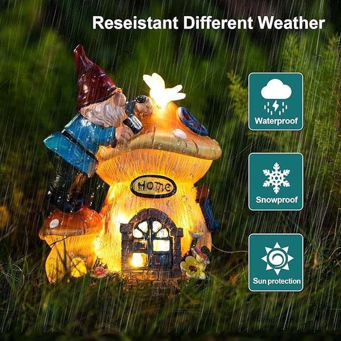 Garden Gnome Statues Figurine Lights - Solar Powered Lighting Outdoor Decorations, Gnome Build Mushroom Fairy House, Yard Art Lawn Ornaments for Porch Patio Balcony - Gnome Gifts Women's Mom