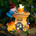 Garden Gnome Statues Figurine Lights - Solar Powered Lighting Outdoor Decorations, Gnome Build Mushroom Fairy House, Yard Art Lawn Ornaments for Porch Patio Balcony - Gnome Gifts Women's Mom