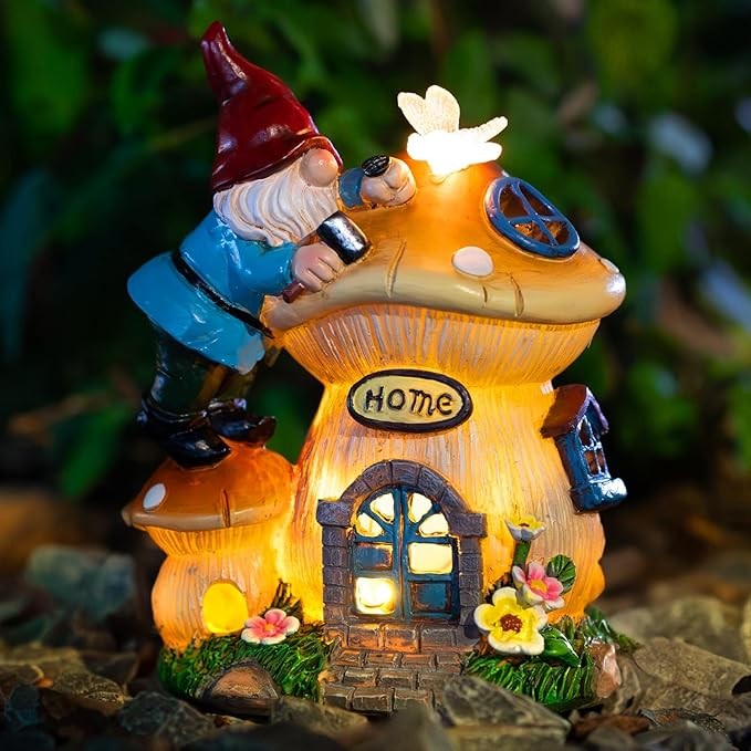 Garden Gnome Statues Figurine Lights - Solar Powered Lighting Outdoor Decorations, Gnome Build Mushroom Fairy House, Yard Art Lawn Ornaments for Porch Patio Balcony - Gnome Gifts Women's Mom