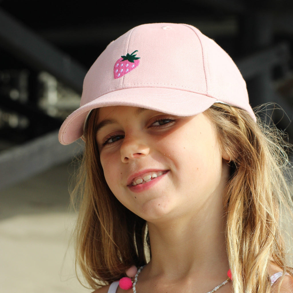 Girls Strawberry Baseball Hat, Pastel Pink, Cotton, Adjustable Sun Cap - All Ages - Baby to Youth