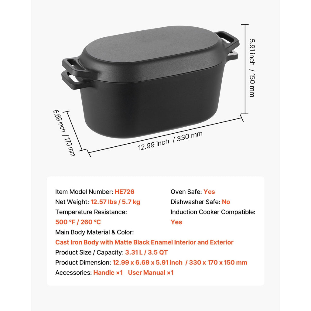 Enameled Cast Iron Dutch Oven Heavy-Duty Cookware with Lid Handles 3.5 Qt Black