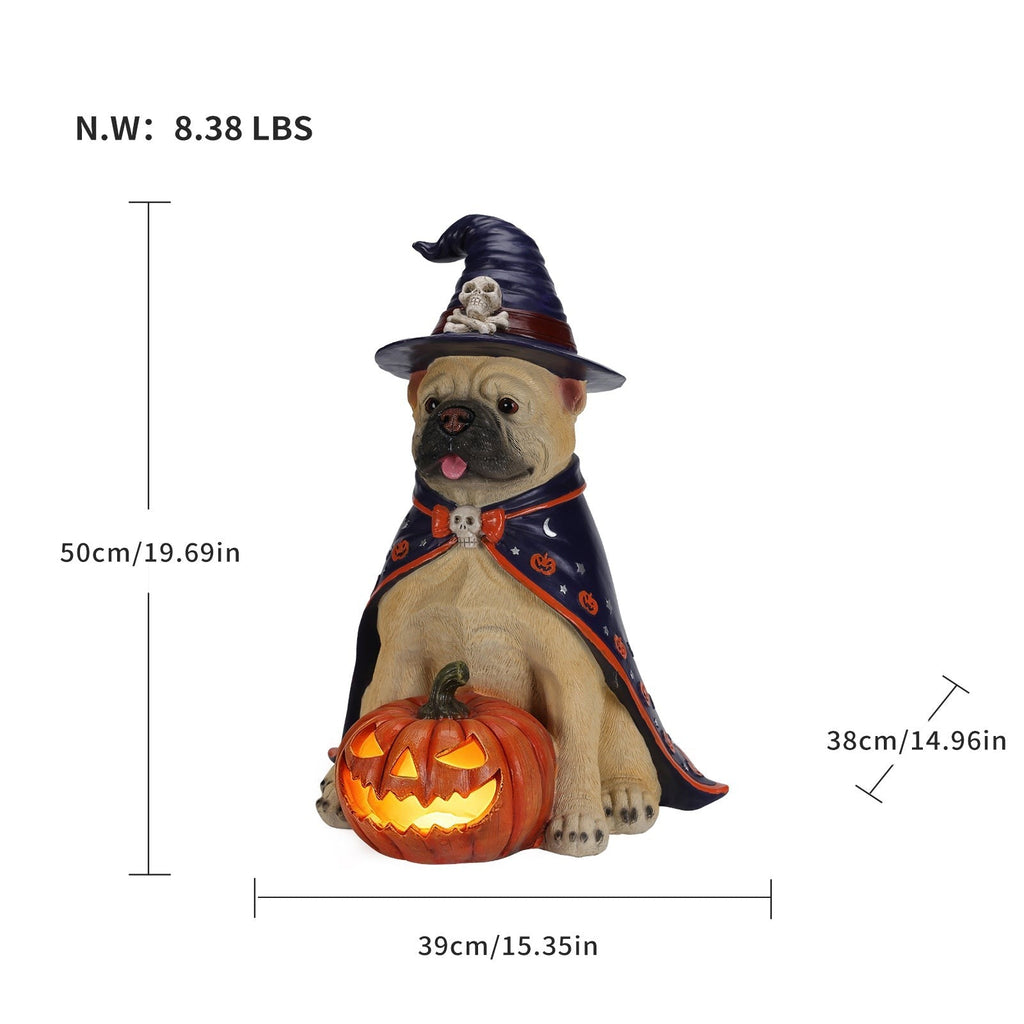 Halloween Bulldog Witch Statue with LED Light Up Jack-O-Lantern Pumpkin - Orange, Black, & Purple
