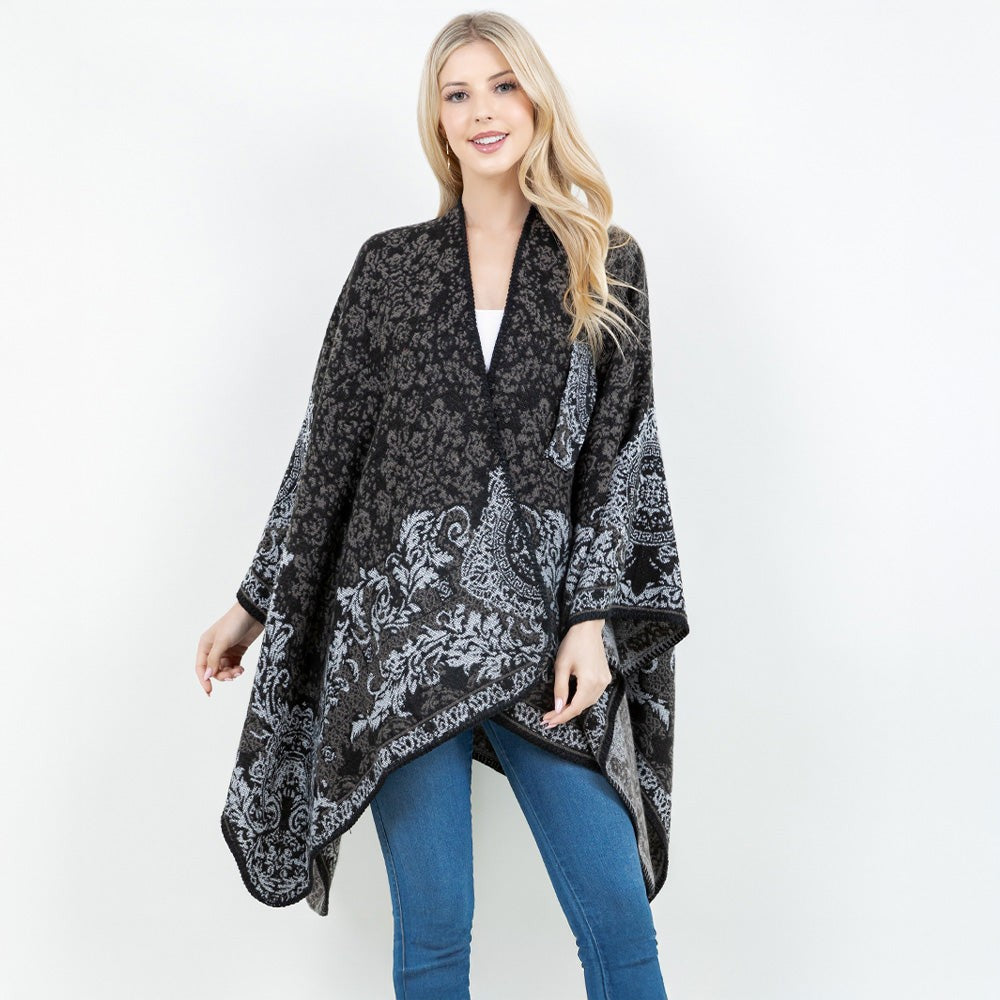 Open Front Baroque Floral Border Print Shawl Wrap Poncho with Loop