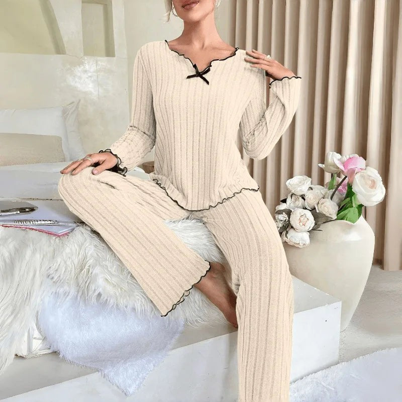 Flannel Warm Sleepwear Women Casual Pajamas Set Long Sleeve Tee Top and Trousers Set Homewear Autumn Winter Loungewear