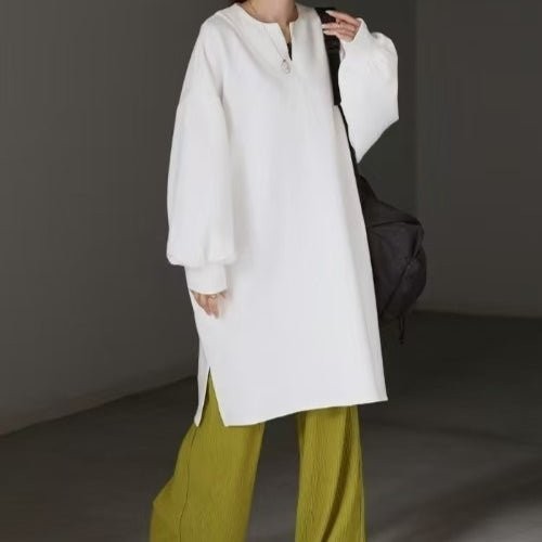 Oversized Cotton Sweatshirt Tunic | V-Neck Long Sleeve Pullover Top(MS210)