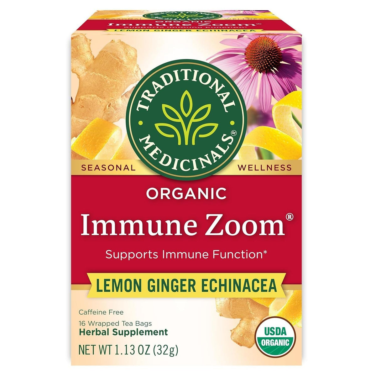 Traditional Medicinals Organic Immune Zoom Lemon Ginger Tea - Clutter-Free Tea Drawer Staple for Intentional Homes
